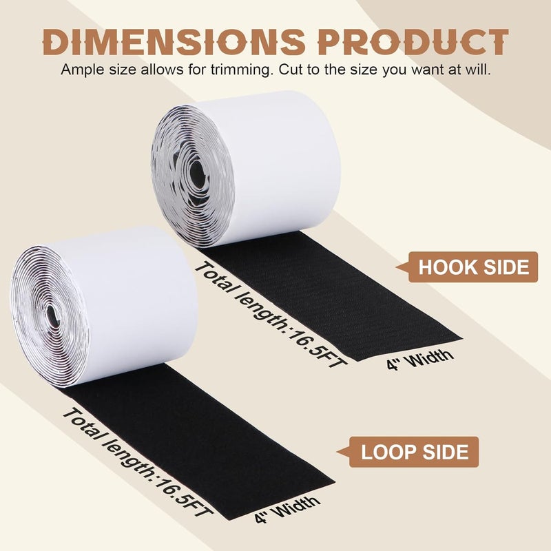 GRLCOOD 4 Inch x 16.5 Feet Black Heavy Duty Hook and Loop Tape Adhesive, Keep Couch Cushions from Sliding, Non Slip Rug Gripper and Strips with Adhesive. Prevent Patio Cushions, Carpets, Mattresses Sliding - Image 2
